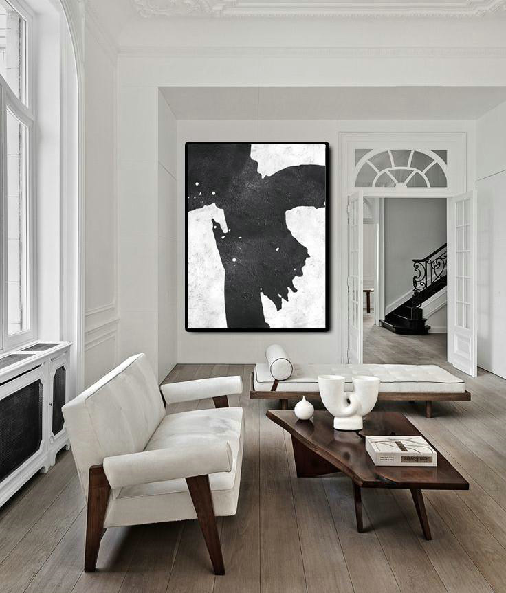 Hand Made Abstract Art,Black And White Minimal Painting On Canvas - Oversized Canvas Art Reading Room